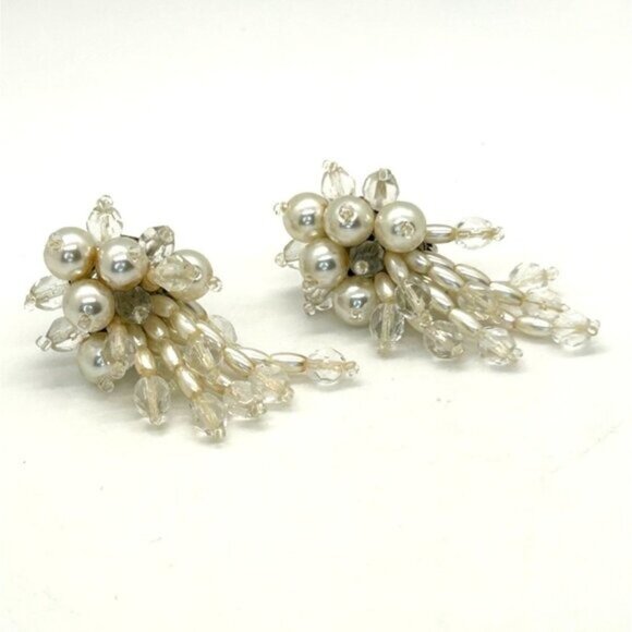 Vintage Clip-On Earrings Faux Pearls & Beaded Bridal Prom Formal Jewelry - Picture 2 of 16